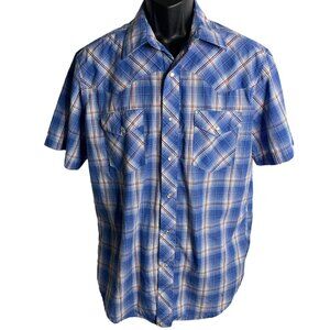 Wrangler Western Pearl Snap Shirt L Blue Plaid Short Sleeve Pockets One Point